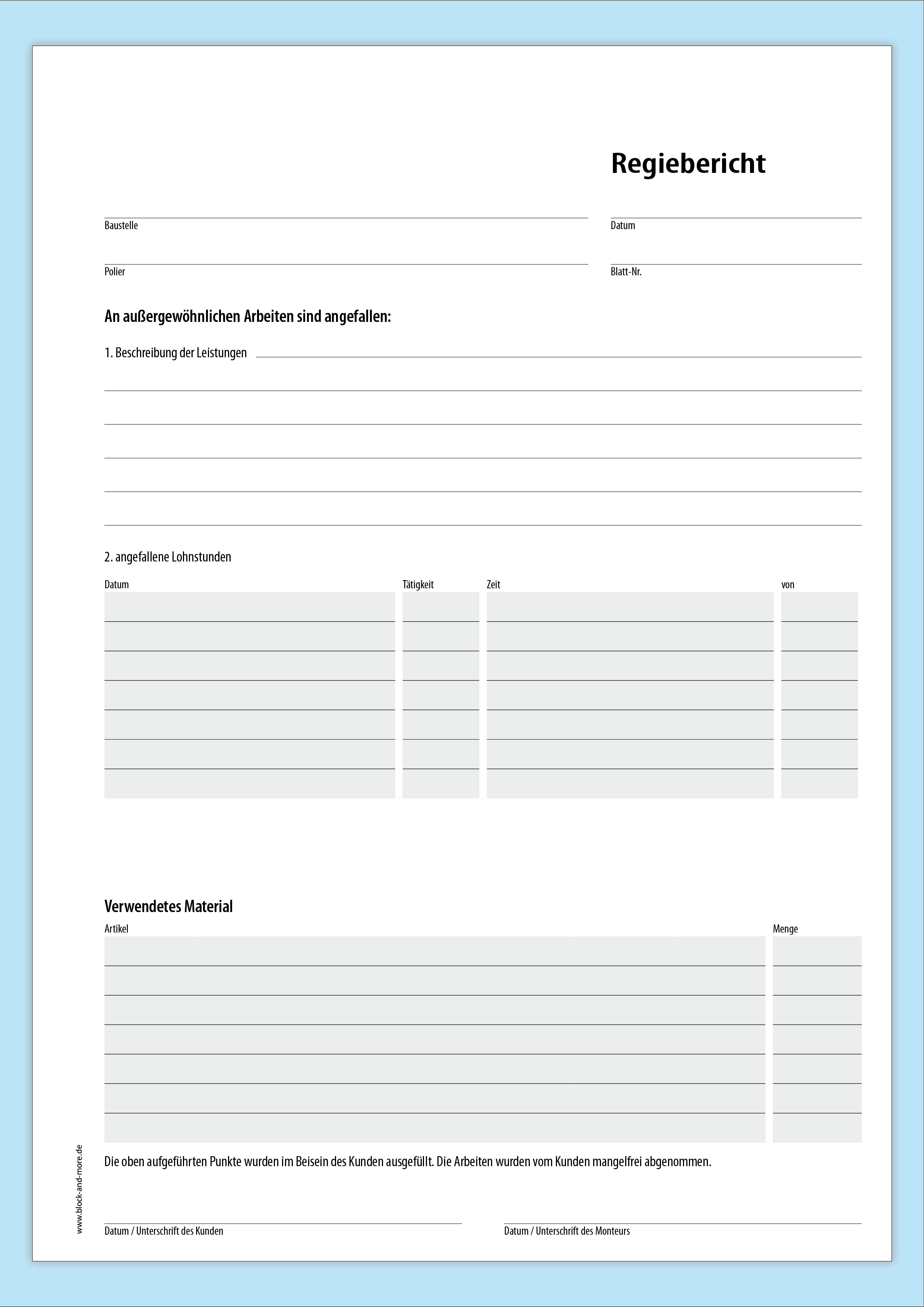 standard formular regiebericht din a 4